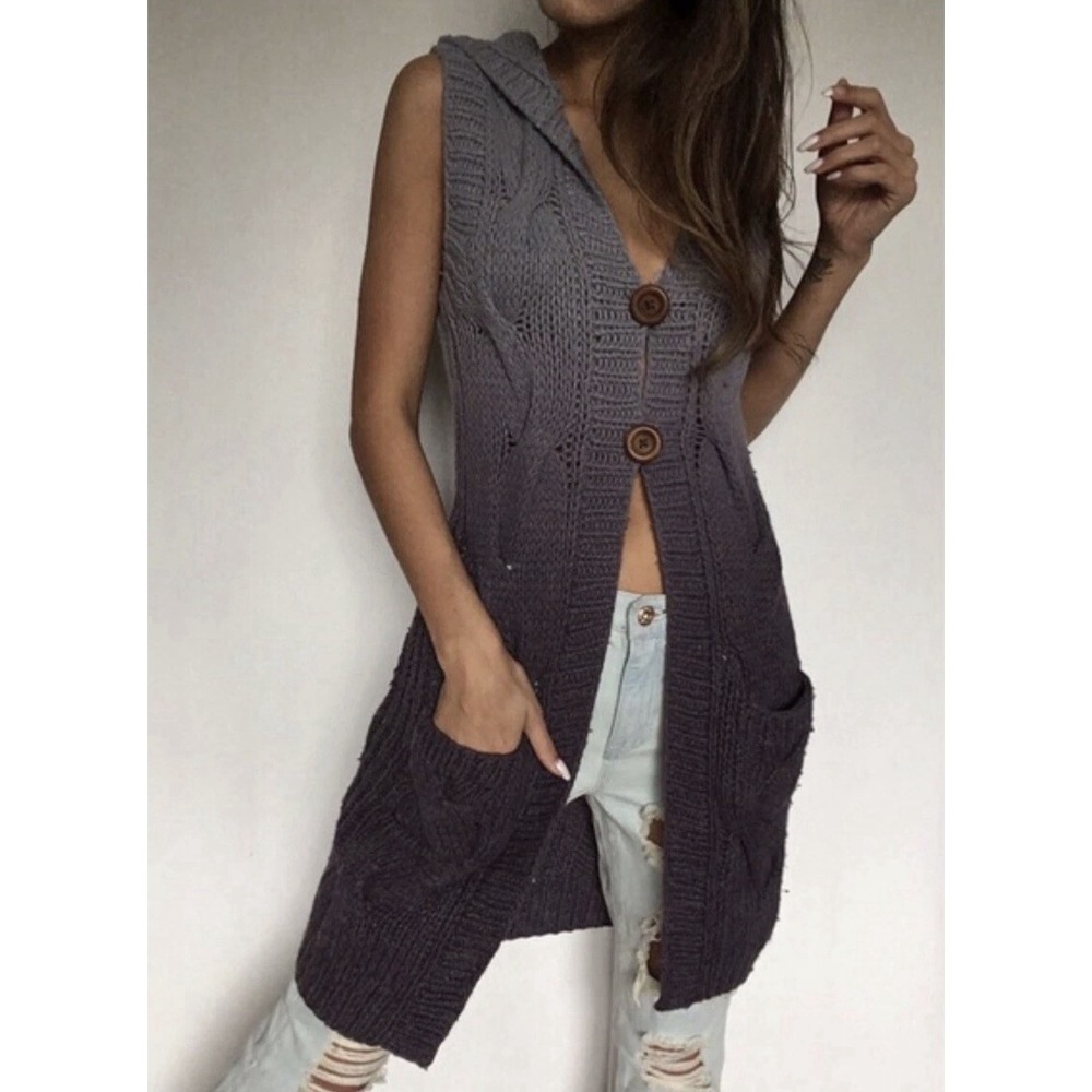 Free People Cable Knit Hooded Wool Sweater Cardigan Duster Vest Ombré SM Boho